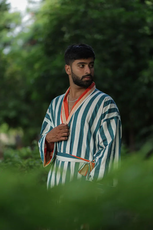 Men’s Long Cotton Kimono Robe, Striped and Reversible, Boho Loungewear with Pockets, One Size Breathable Lightweight Beach Resort Spa Outfit