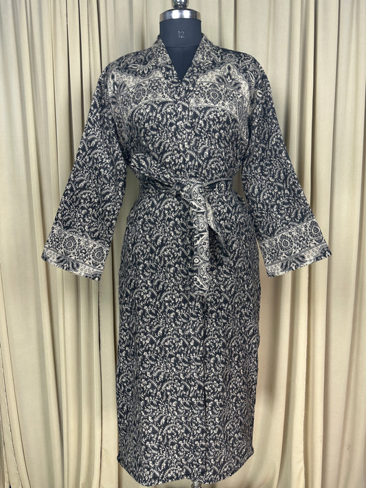 Yak Wool Blend Women Kimono Robe, Cozy Warm Winter Romance Loungewear | Black Floral Cardigan House Coat with Pockets, Quirky Christmas Gift