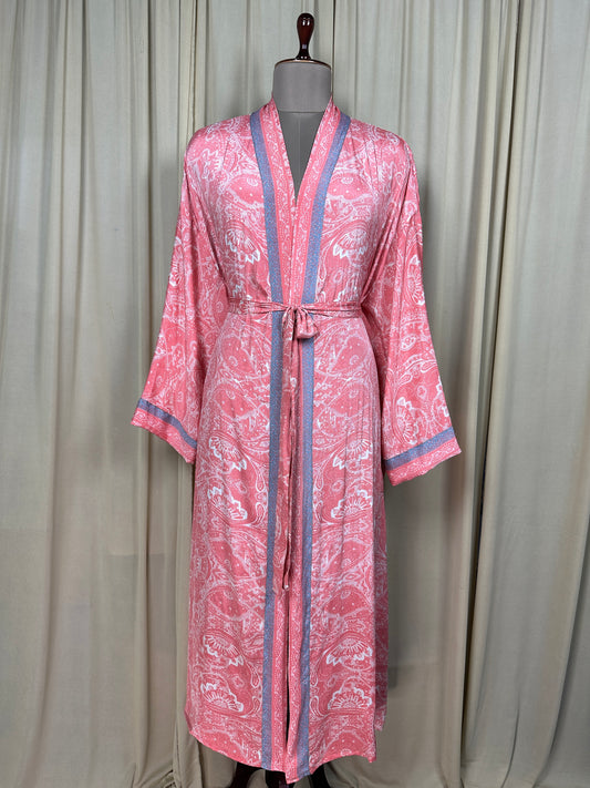 Recycle Silk Sari Women Kimono | Boho Chic Beach Cover Up Vintage Lounge Dressing Robe | Resort Wear Regal Gypsy House Robe, White Paisley