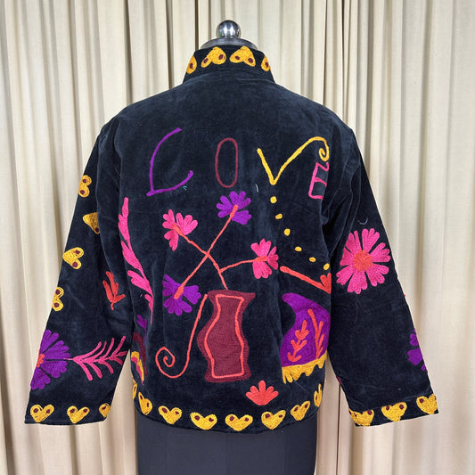 Boho Hand Embroidered Velvet Suzani Jacket, Black Floral Open Front Coat Winter Wear Free Size Robe Retro Chic Free Size Robe Blazer for Her