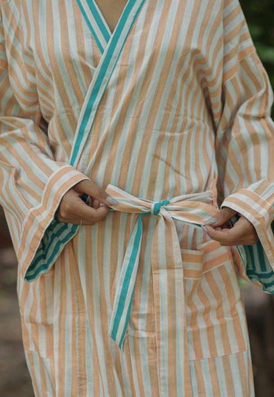 Women Cotton Kimono Robe, Reversible Striped Boho Loungewear, Lightweight Spa Beach Resort Outfit with Pockets, One Size Breathable Bathrobe