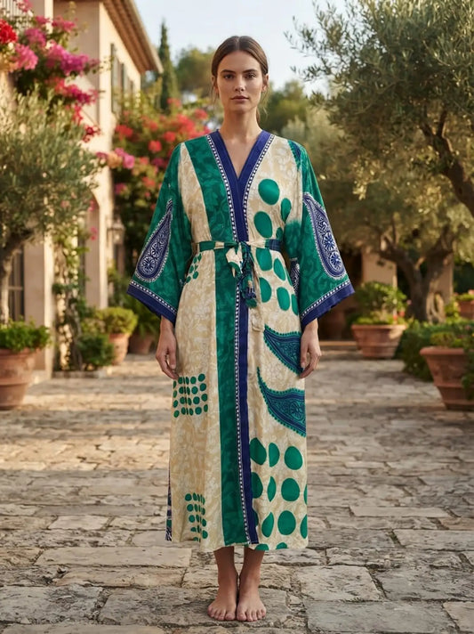 Upcycle Boho Silk Long Women kimono, Boho Chic Robe House Beach Cover Up Vintage Bridesmaid Lounge Dressing Gown Resort Wear Gypsy Nightwear