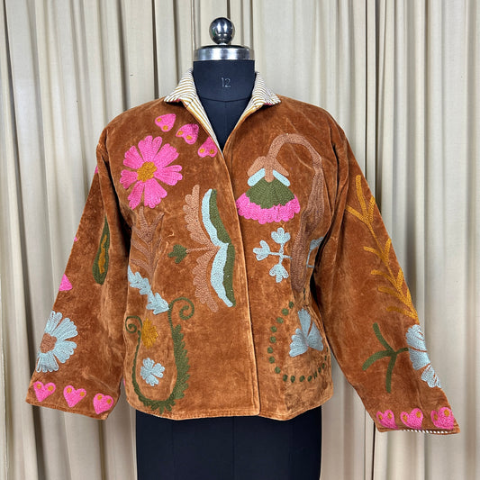 Boho Hand Embroidered Velvet Suzani Jacket, Brown Floral Open Front Coat Winter Wear Free Size Robe Retro Chic Free Size Robe Blazer for Her