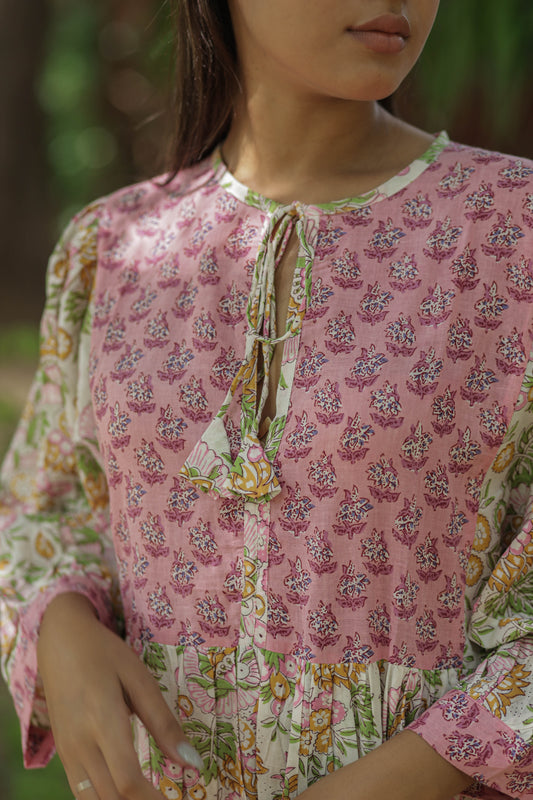 Women Cotton Midi Dress, Hand Block Printed Floral Dress, Boho Chic Flowy Gown, Long Sleeves With Pockets, Flowy Sustainable Gift For Her