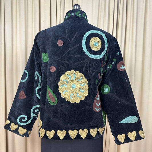 Boho Hand Embroidered Velvet Suzani Jacket, Black Floral Open Front Coat Winter Wear Free Size Robe Retro Chic Free Size Robe Blazer for Her