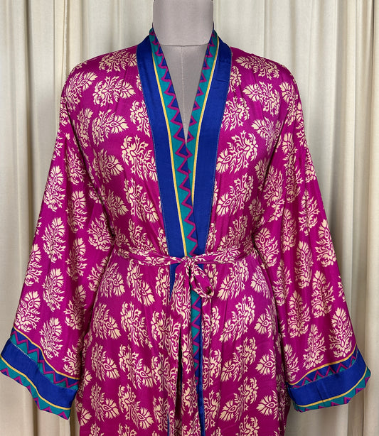 Recycle Silk Sari Women Kimono | Boho Chic Beach Cover Up Vintage Lounge Dressing Robe l Resort Wear Regal Gypsy House Robe, Pink Floral
