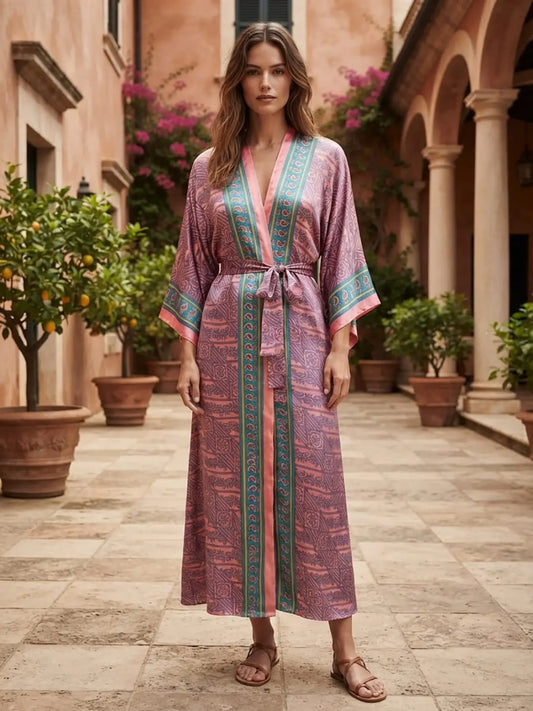 Upcycle Boho Silk Long Women kimono, Boho Chic Robe House Beach Cover Up Vintage Bridesmaid Lounge Dressing Gown Resort Wear Gypsy Nightwear
