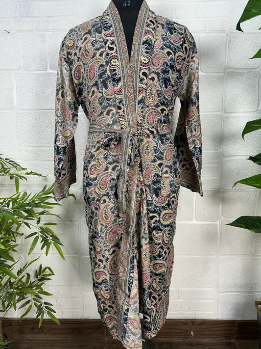 Silk Blend Kimono Robe: Floral Long Dressing Gown