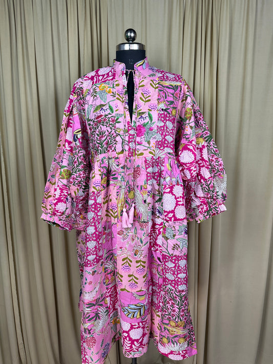 Pink Patchwork Cotton Dress: Hand-Stitched Block Print, Fits XXL