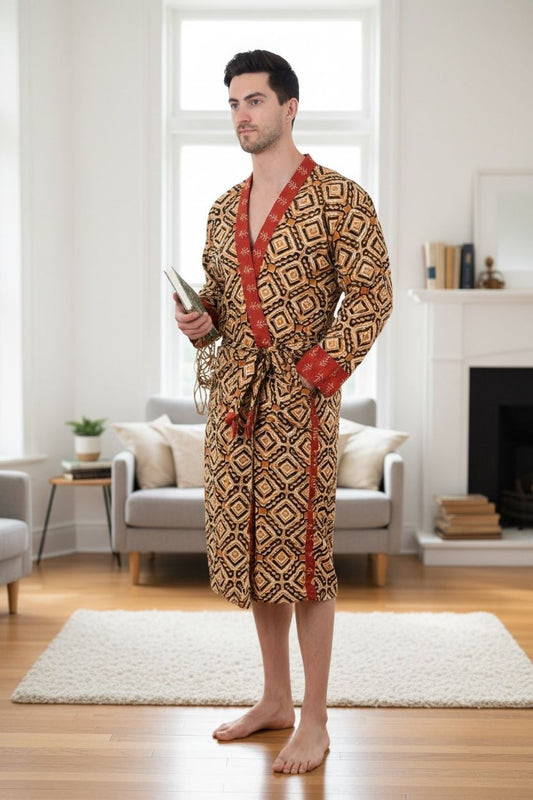 Pure Cotton Handblock Men Kimono | Indian Printed Man House Robe, Boho Beach Coverup Dressing Gown, Lightweight Loungewear, Gift For Him Dad