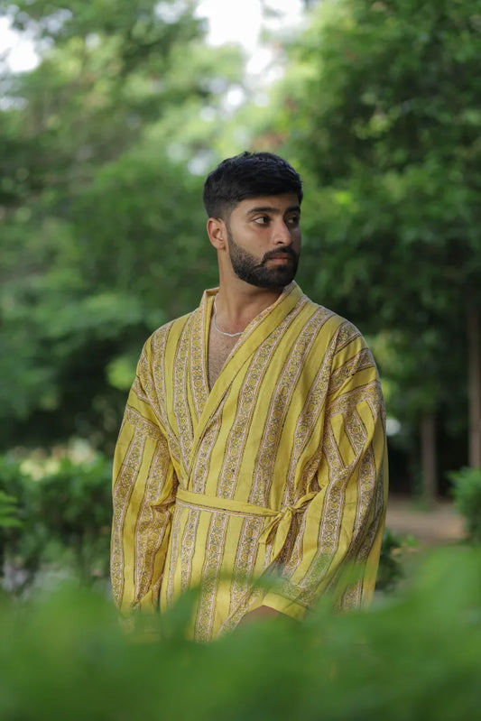 Men’s Long Cotton Kimono Robe, Striped Boho Loungewear with Pockets, One Size Breathable Lightweight Beach Resort Spa Outfit Festival Kimono