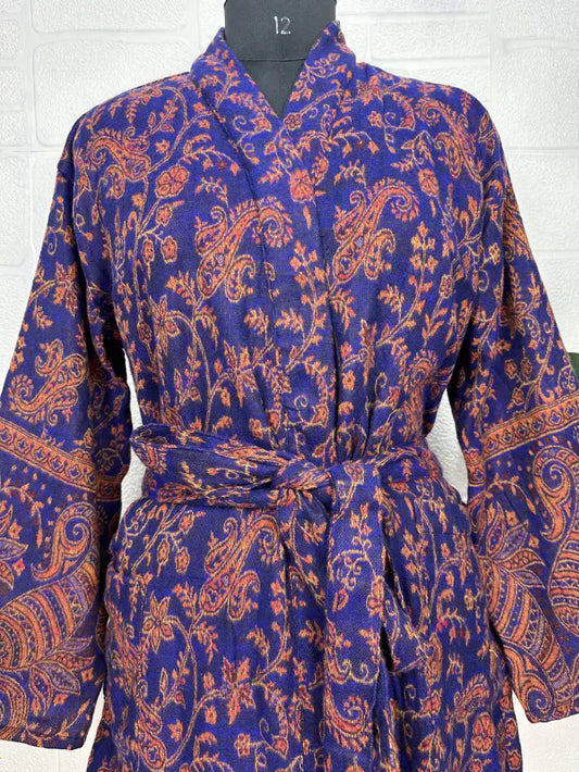 Unisex Yak Wool Blend Geometric Diamonds Kimono/Robe | Luxurious Blue Orange Teal Urban Floral Print | Warm Hygge Christmas Gift for Her & Him