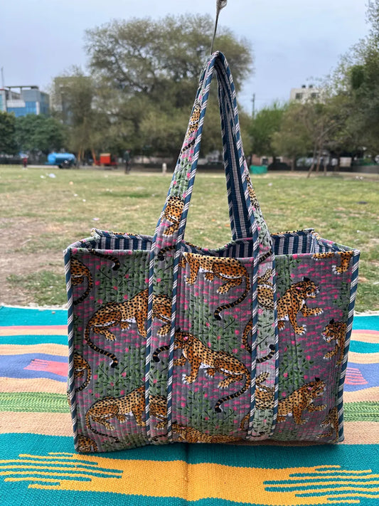 Boho Tote Bag Large Reversible Quilted Velvet Cotton | Beach Weekend Bag Eco friendly Sustainable Sturdy Grocery Shopping Ochre