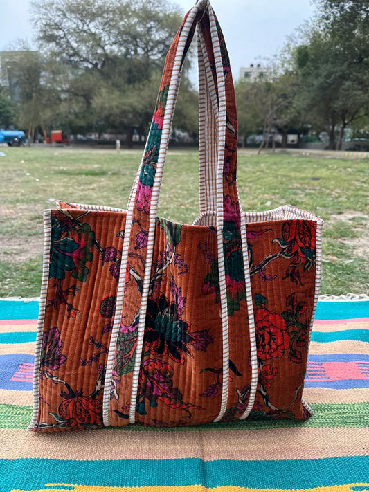 Boho Tote Bag Large Reversible Quilted Velvet Cotton | Beach Weekend Bag Eco friendly Sustainable Sturdy Grocery Shopping Ochre