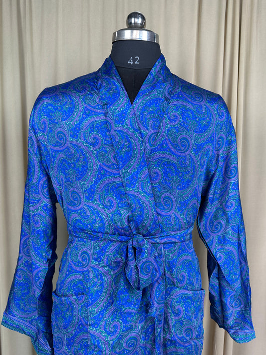 Silky Soft Men’s Kimono Robe, Masculine Elegant Classic Sustainable Vintage House Robe gift, Timeless Comfy Lounge Beach Wear | Blue Paisley