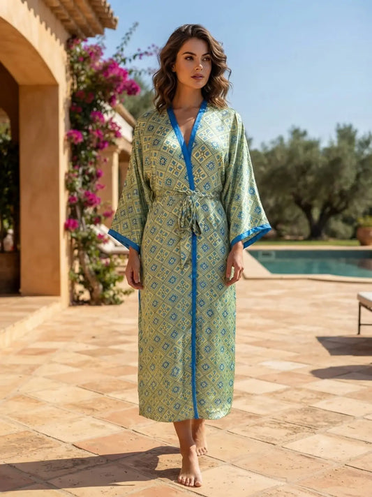 Upcycle Boho Silk Long Women kimono, Boho Chic Robe House Beach Cover Up Vintage Bridesmaid Lounge Dressing Gown Resort Wear Gypsy Nightwear