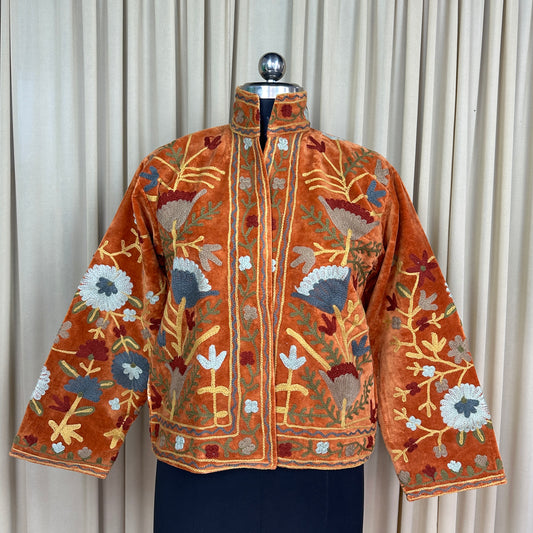 Boho Hand Embroidered Velvet Suzani Jacket, Brown Floral Open Front Coat Winter Wear Free Size Robe Retro Chic Free Size Robe Blazer for Her