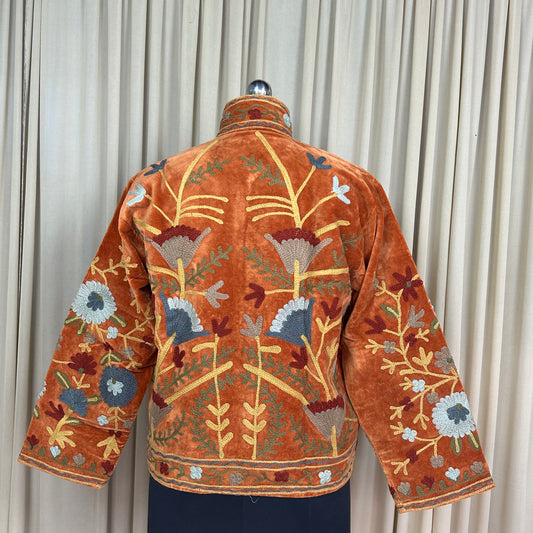 Boho Hand Embroidered Velvet Suzani Jacket, Brown Floral Open Front Coat Winter Wear Free Size Robe Retro Chic Free Size Robe Blazer for Her