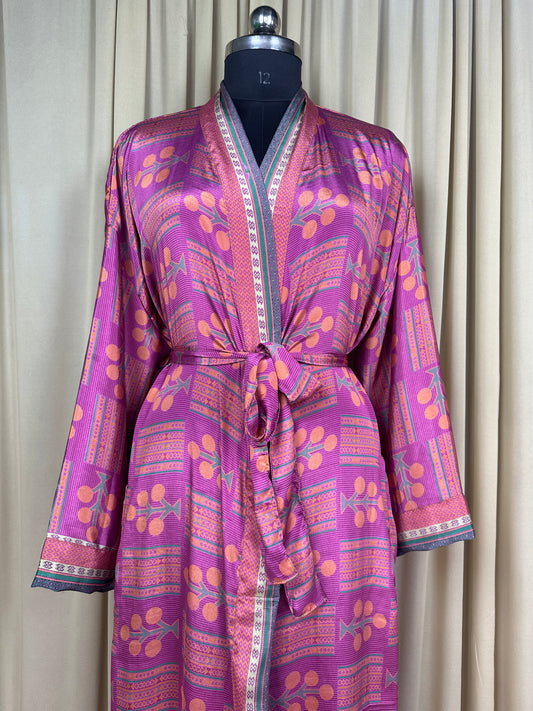 Recycle Silk Sari Women Kimono | Boho Chic Beach Cover Up Vintage Lounge Dressing Robe l Resort Wear Regal Gypsy House Robe Purple Geometric