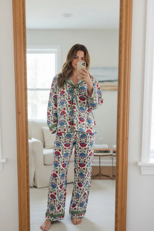 Pure Soft Cotton Pajama Set Two Piece, Indian Hand Block Floral Print | Luxury Sleepwear Loungewear Gift for Her, Valentine Anniversary Mom!