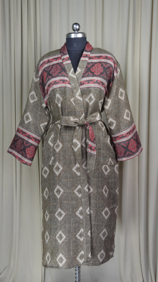 Yak Wool Blend Women Kimono Robe, Cozy Winter Romance Loungewear Brwon Diamond Print Cardigan House Coat with Pockets, Quirky Christmas Gift