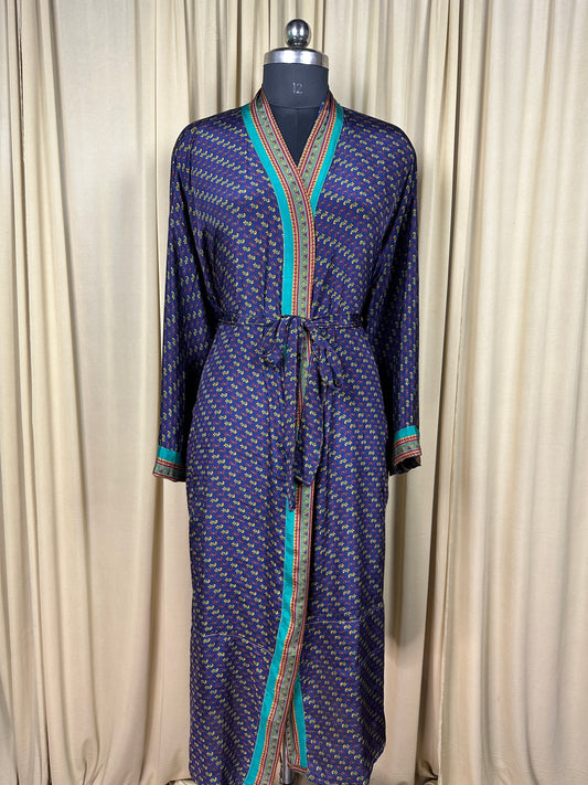 Recycle Silk Sari Women Kimono | Boho Chic Beach Cover Up Vintage Lounge Dressing Robe | Resort Wear Regal Gypsy House Robe, Blue Paisley