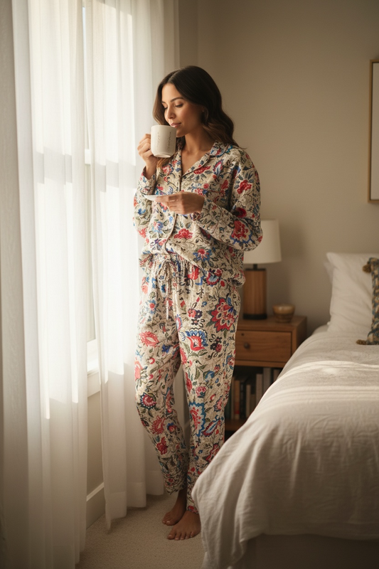 Silk Blend PJ Set | Beige Floral Silky Soft Pajama Set