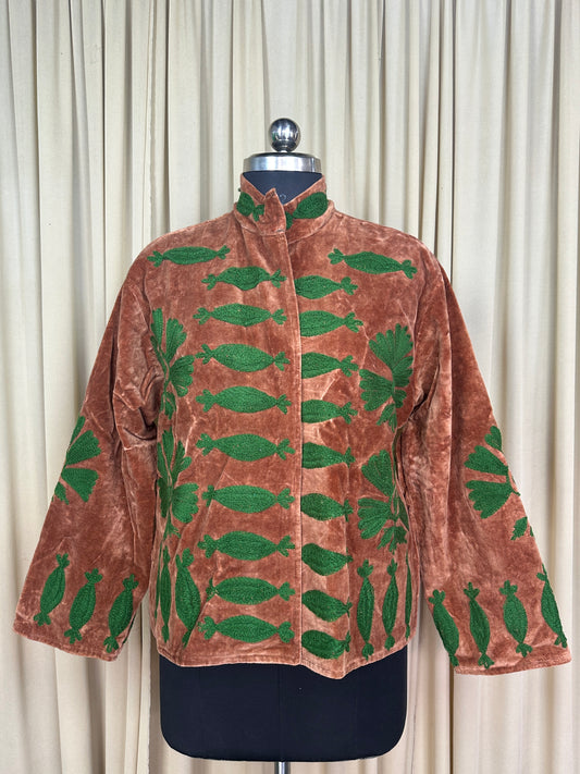 Boho Hand Embroidered Velvet Suzani Jacket, Brwon Floral Open Front Coat Winter Wear Free Size Robe Retro Chic Free Size Robe Blazer for Her