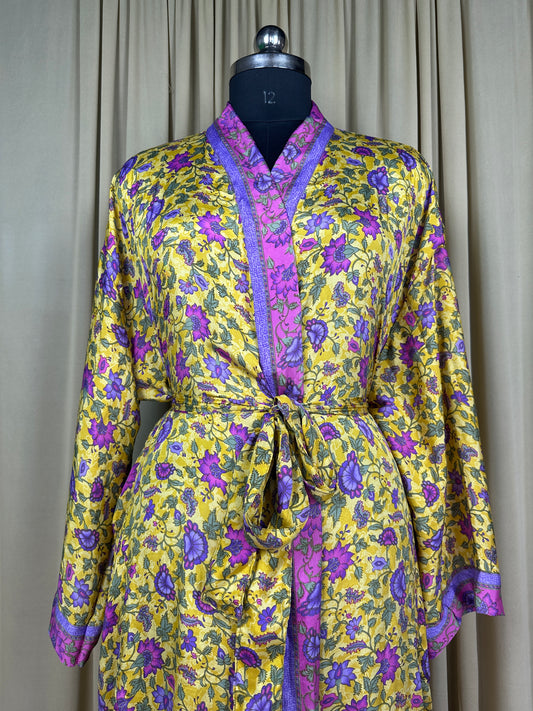 Recycle Silk Sari Women Kimono | Boho Chic Beach Cover Up Vintage Lounge Dressing Robe | Resort Wear Regal Gypsy House Robe, Beige Floral