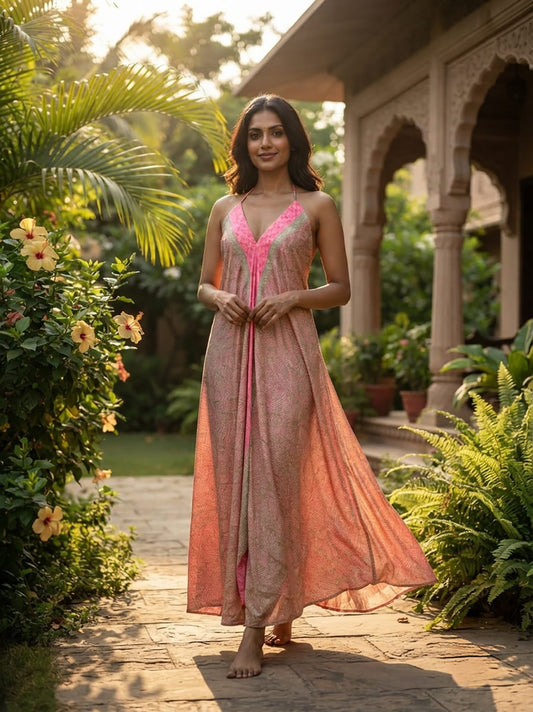 Womens Clothing Maxi Halter Neck Dress | Soft Breathable Recycle Silk Beach Cover up, Flowy Boho Festival Dress, Anniversary Gift For Her
