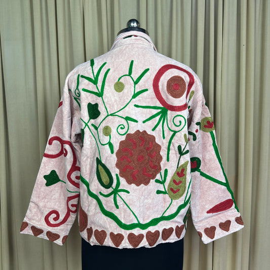 Boho Hand Embroidered Velvet Suzani Jacket, White Floral Open Front Coat Winter Wear Free Size Robe Retro Chic Free Size Robe Blazer for Her