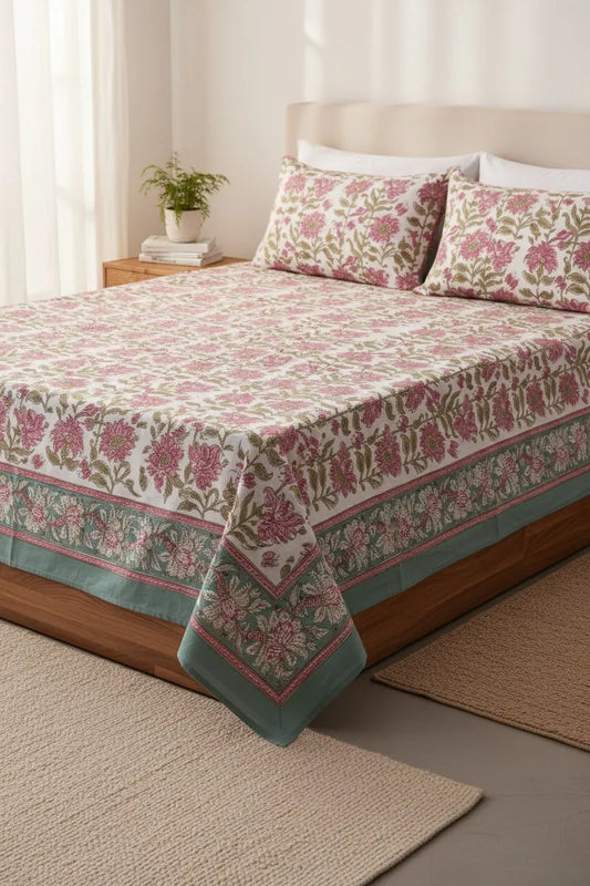 Pure Soft Cotton Bedsheet with Pillow Covers, Hand Block Printed Jaipuri Floral, King Queen Summer Bedspread Sofa Throw | Organic Bedding XL