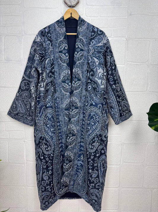 Handmade Boiled Merino Wool Kimono: Paisley Floral Robe Jacket