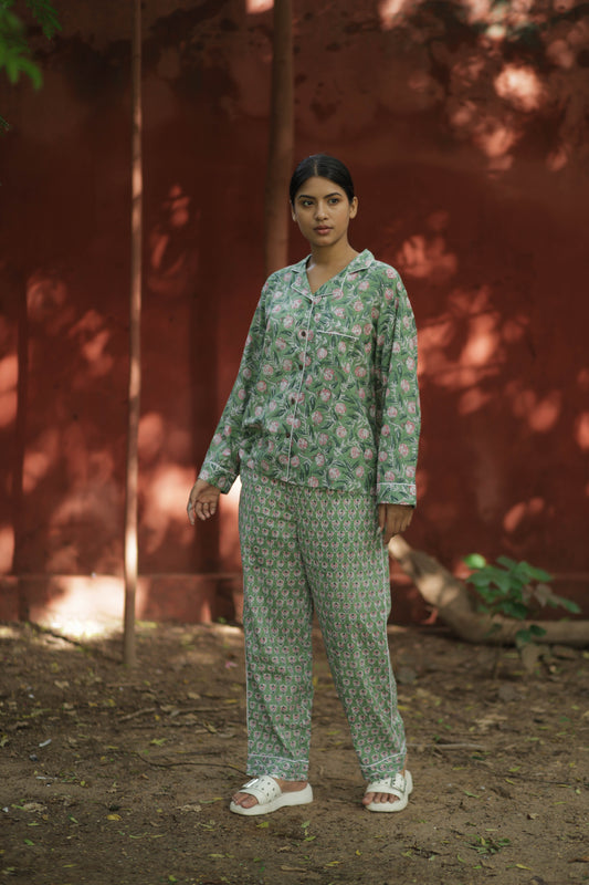 Handblock Floral Cotton Pajama Set for Women, Soft Lightweight Nightwear, Breathable Luxury PJs with Pockets, Holiday Co-Ord Set
