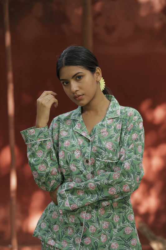 Handblock Floral Cotton Pajama Set for Women, Soft Lightweight Nightwear, Breathable Luxury PJs with Pockets, Holiday Co-Ord Set