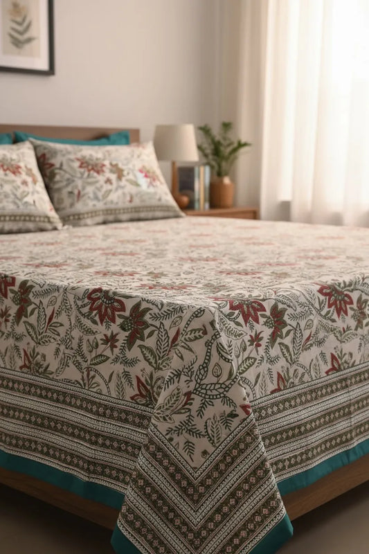 Pure Soft Cotton Bedsheet with Pillow Covers | Hand Block Printed Jaipuri Floral, Queen King Size, Summer Bedspread, Boho Gift Set Decor Art