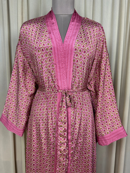 Recycle Silk Sari Women Kimono | Boho Chic Beach Cover Up Vintage Lounge Dressing Robe | Resort Wear Regal Gypsy House Robe, Beige Floral