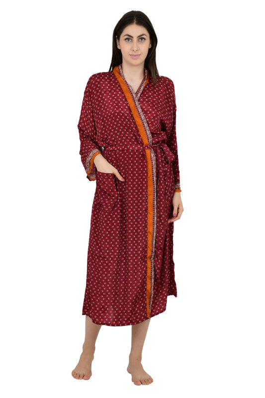 Silk Blend Kimono Robe: Floral Sari Fabric Dressing Gown