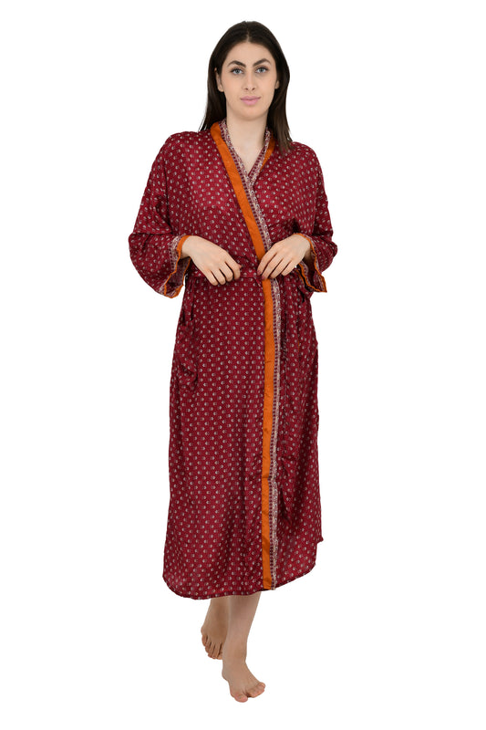 Silk Blend Kimono Robe: Floral Sari Fabric Dressing Gown