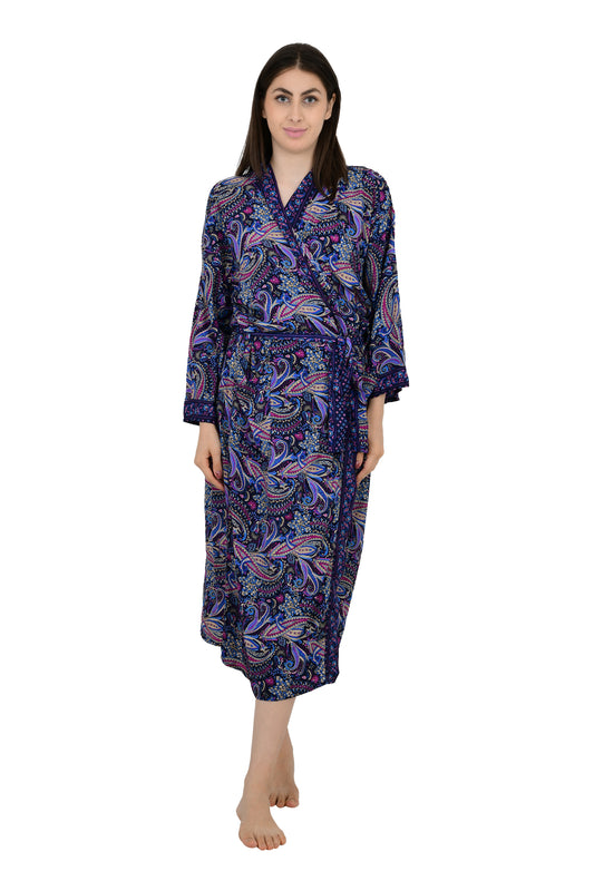 Silk Blend Kimono Robe: Floral Print Long Dressing Gown