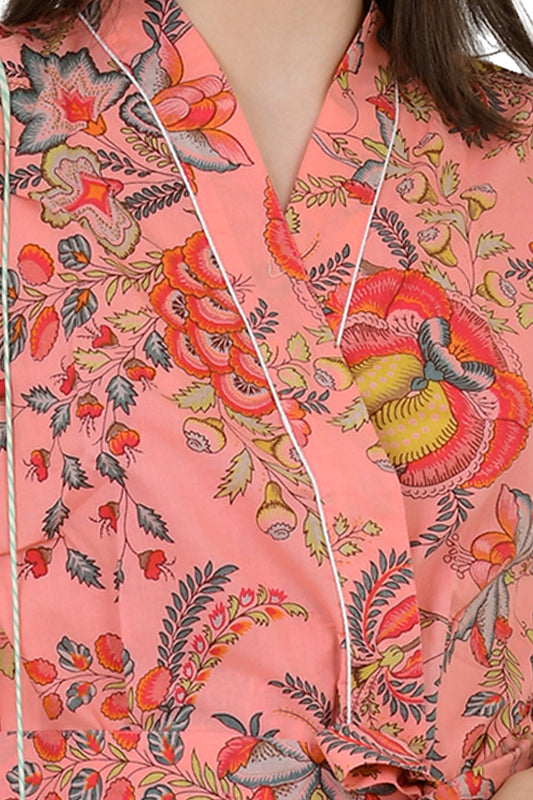 Pur coton Kimono indien imprimé à la main Boho House Robe Robe d’été | Robe de plage florale rouge pêche | Cadeau de Noël, cadeau pour elle