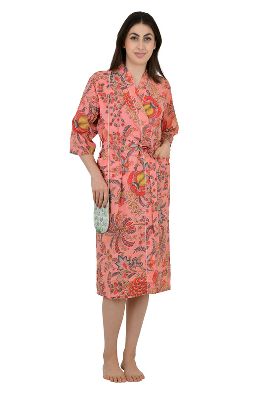 Pure Cotton Kimono Indian Handprinted Boho House Robe Summer Dress | Peach Red Floral Beach Cover Up Wear | Christmas Present, Gift For Her