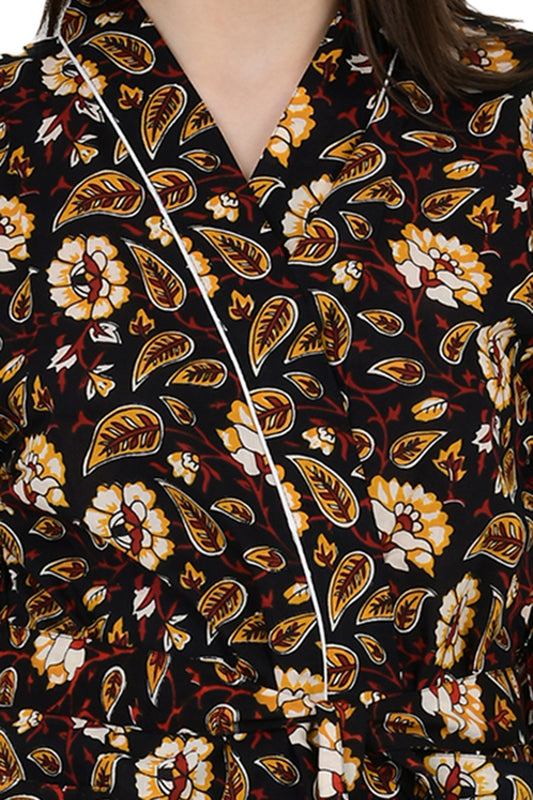 Pur coton Kimono indien imprimé à la main Boho House Robe Robe d’été, Noir Safran Floral Jardin Botanique Plage Coverup Maternité Maman Mariée