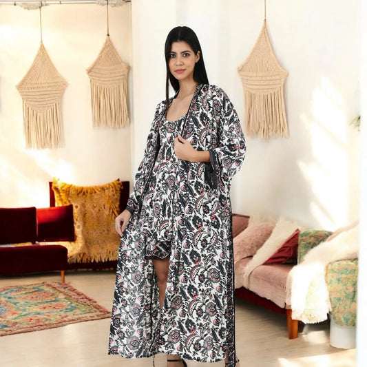 Silk Sari Women Kimono Cami Set | One Size White Black Floral Print