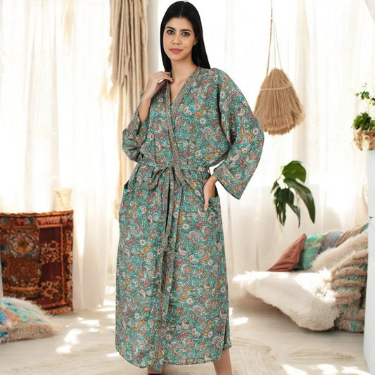 Silk Sari Women Kimono Cami Set | One Size Green Pink Paisley Print Gift For Her