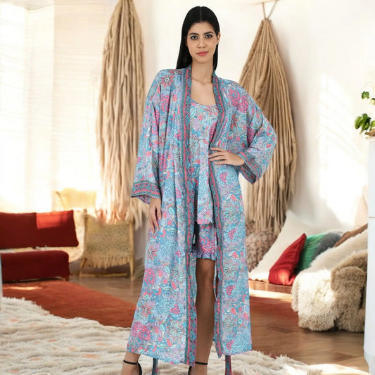Silk Sari Women Kimono Cami Set | One Size Pastel Blue Pink Floral Lounge Wear