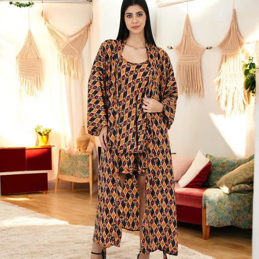 Silk Sari Women Kimono Cami Set | One Size Brown Black Geometric Kimono Robe