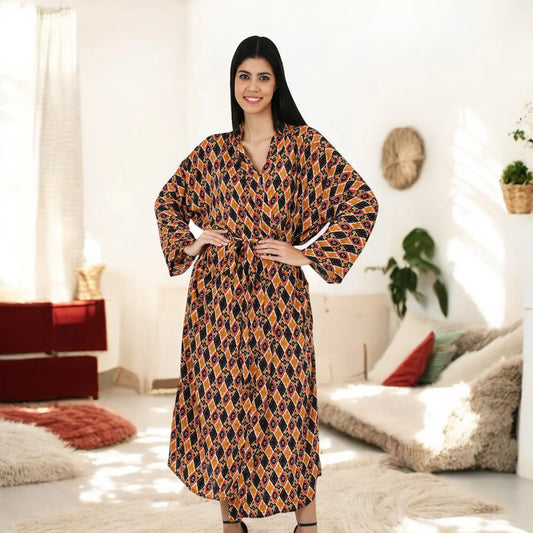 Silk Sari Women Kimono Cami Set | One Size Brown Black Geometric Kimono Robe