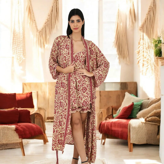 Silk Sari Women Kimono Cami Set | One Size Beige Red Floral Camisole