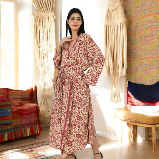 Silk Sari Women Kimono Cami Set | One Size Beige Red Floral Camisole